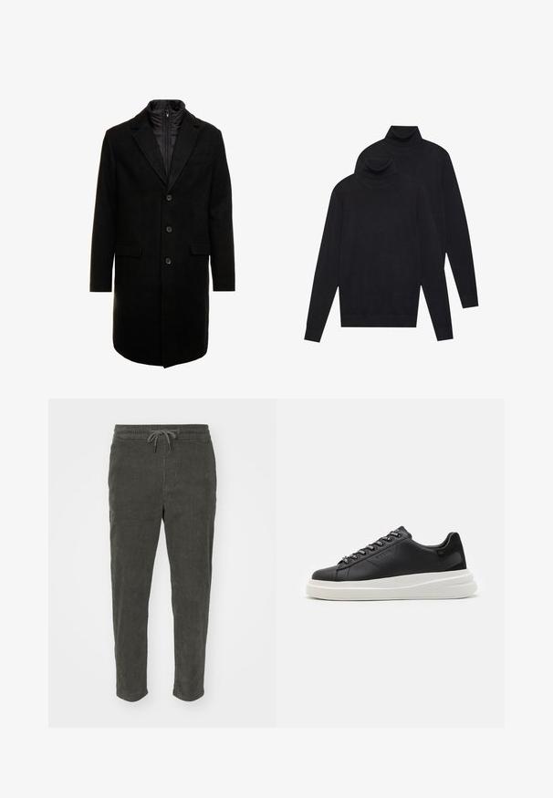 Manteau en mélange de laine noir au design élégant, doté d'une couche intérieure isolée zippée, de trois boutons et de deux poches avant.; Deux pulls turtleneck noirs à manches longues, en tricot uni, empilés avec un légèrement derrière l'autre sur un fond blanc.; Pantalons en velours côtelé vert foncé, dotés d'une taille élastique avec cordon de serrage et de jambes fuselées. Surface texturée avec des rainures verticales.; Baskets en cuir noir avec une semelle en caoutchouc blanc, dotées de lacets plats et d'œillets marqués. Texture douce avec un accent contrastant sur le côté.