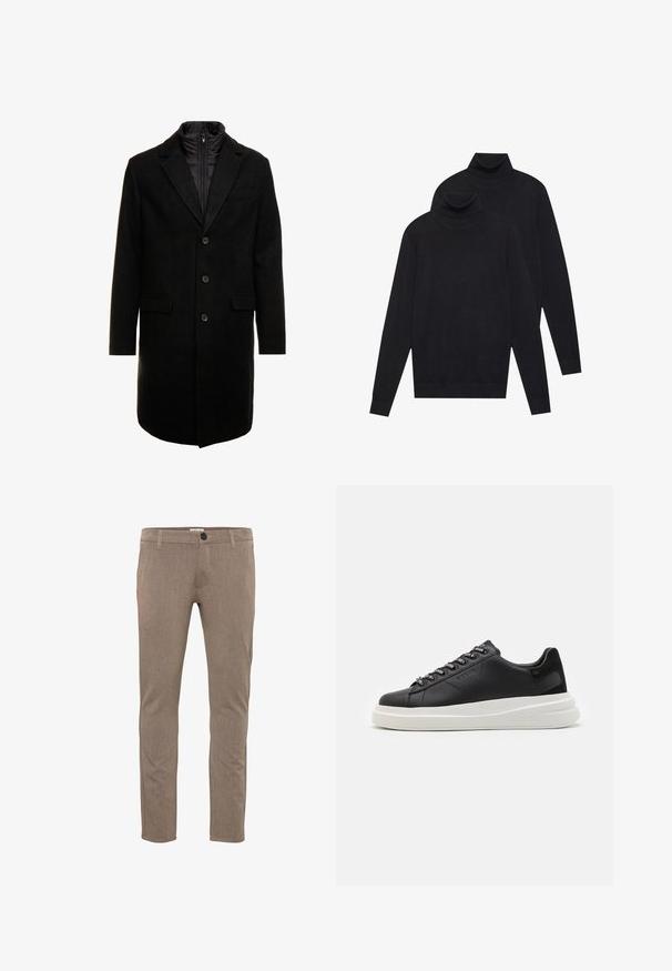 Černý vlněný kabát s elegantním designem, který má odnímatelnou izolační vnitřní vrstvu, tři knoflíky a dvě přední kapsy.; Dvoje černých pletených svetrů s dlouhým rukávem a rolákem, jednoduchý vzor, naskládány tak, že jeden je mírně za druhým na bílém pozadí.; Hnědé úzké kalhoty z texturované tkaniny, s předním zapínáním na knoflíky, poutky na pásek a standardními kapsami.; Černé kožené tenisky s bílou gumovou podrážkou, mají ploché tkaničky a očička s logem. Jemná textura s kontrastním bočním akcentem.