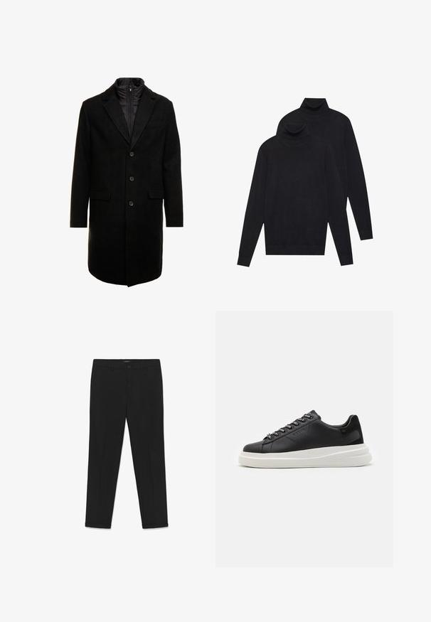 Czarny płaszcz wełniany o eleganckim fasonie, z ocieplaną wkładką na zamek, trzema guzikami i dwiema przednimi kieszeniami.; Dwa czarne swetry z długimi rękawami i golfem, gładko plecione, ułożone jeden za drugim na białym tle.; Czarne spodnie wykonane z gładkiego materiału, o dopasowanym kroju, z płaskim frontem, dwoma bocznymi kieszeniami oraz zapięciem na guzik w pasie.; Czarne skórzane trampki z białą gumową podeszwą, z płaskimi sznurowadłami i logo w oczkach. Miękka tekstura z kontrastowym akcentem bocznym.