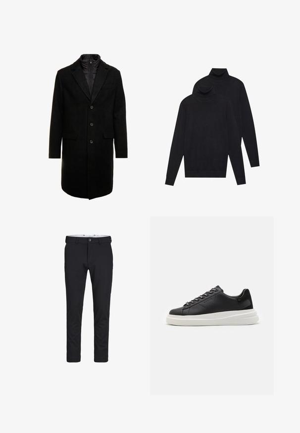 Must värviline villasegu mantlit, millel on sujuv disain, varustatud lülitatava isoleeritud sisemise kihiga, kolme nupukese ja kahe eesmine taskuga.; Kaks musta pikkade varrukatega kõrge kaelusega sviitrit, lihtne kudumine, asetatud üksteise peale, üks veidi teise taga, valgel taustal.; Musta elastne püksid sirge eest, vöökohaga ja ühe nööbiga kinnitusega. Materjal on sile ning sobib nappi lõikega ja kitsenevate jalgadega.; Mustmustest musta nahkistsneaker, millel on valge kummist tald, sirged paelad ja bränditud silmad. Pehme tekstuur kontrastse küljeaktsendiga.
