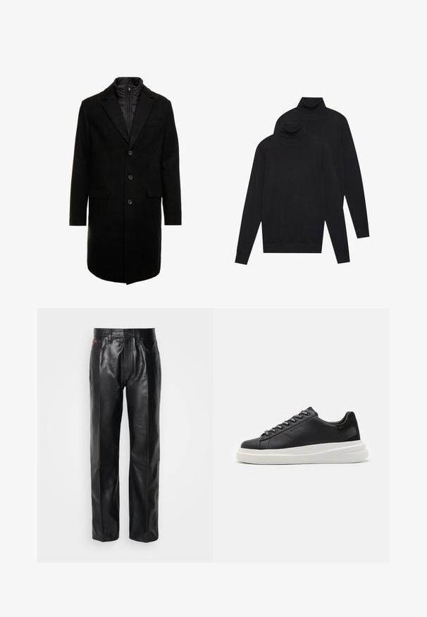Črn volnen mešani plašč s sleek oblikovanjem, ki vključuje notranjo plast z izolacijo, tri gumbe in dva sprednja žepa.; Dva črna dolgi rokavi puloverja s turtleneck ovratnikom, enostavna pletenina, zložen eden nekoliko za drugim na belem ozadju.; Črne usnjene hlače s ravnimi nogami. Vključujejo gumb za zapiranje in sprednje žepe, prikazujejo gladko teksturo in minimalno šivanje.; Črne usnjene teniske z belim gumijastim podplatom, ki imajo ravne vezalke in blagovno znamko na ošitih luknjah. Mehka tekstura s kontrastnim stranskim poudarkom.