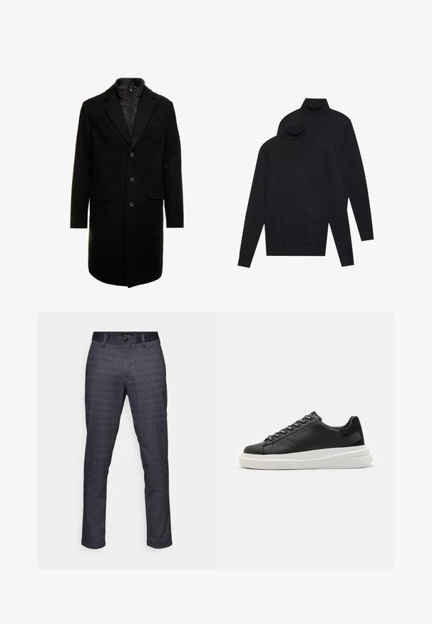 Sort uldblandings frakk med et elegant design, der har et indbygget isoleret inderlag, tre knapper og to forlommer.; To sorte langærmede turtleneck-trøjer, ensfarvede strikkede, stablet med den ene lidt bag den anden på en hvid baggrund.; Mørk maritime bukser med et struktureret ternet mønster, som har en flad front, bæltestropper, sidelommer og en klassisk knaplukning.; Sort lædersneaker med en hvid gummisål, der har flade snørebånd og branded øjer. Blød tekstur med en kontrasterende sideaccent.