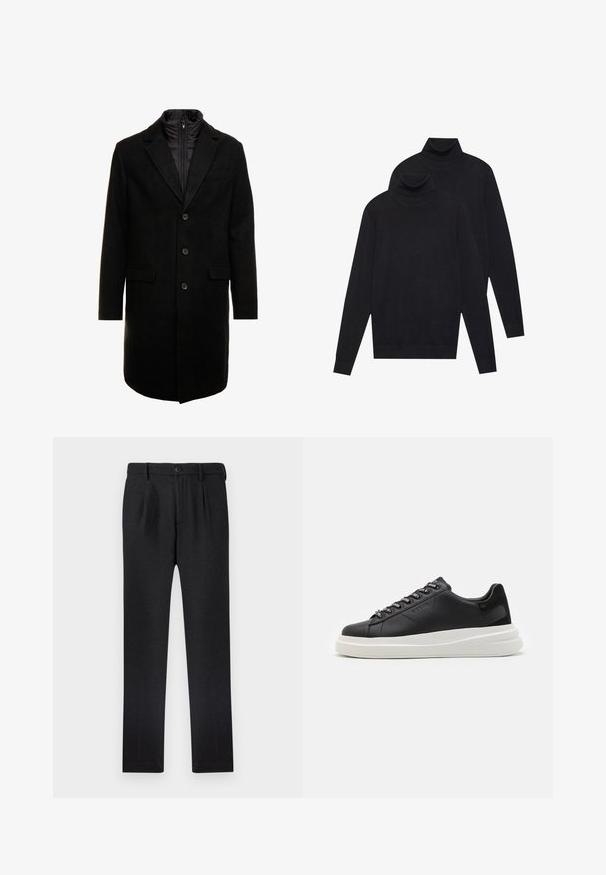Manteau en mélange de laine noir au design élégant, doté d'une couche intérieure isolée zippée, de trois boutons et de deux poches avant.; Deux pulls turtleneck noirs à manches longues, en tricot uni, empilés avec un légèrement derrière l'autre sur un fond blanc.; Pantalon noir en tissu texturé, avec fermeture par bouton, deux plis à l'avant et coupe droite.; Baskets en cuir noir avec une semelle en caoutchouc blanc, dotées de lacets plats et d'œillets marqués. Texture douce avec un accent contrastant sur le côté.