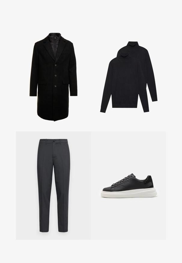 Črn volnen mešani plašč s sleek oblikovanjem, ki vključuje notranjo plast z izolacijo, tri gumbe in dva sprednja žepa.; Dva črna dolgi rokavi puloverja s turtleneck ovratnikom, enostavna pletenina, zložen eden nekoliko za drugim na belem ozadju.; Sivi hlače iz teksturirane tkanine, s ravnimi nogavicami, stranskimi žepi, enim sprednjim gumbom in držali za pas.; Črne usnjene teniske z belim gumijastim podplatom, ki imajo ravne vezalke in blagovno znamko na ošitih luknjah. Mehka tekstura s kontrastnim stranskim poudarkom.