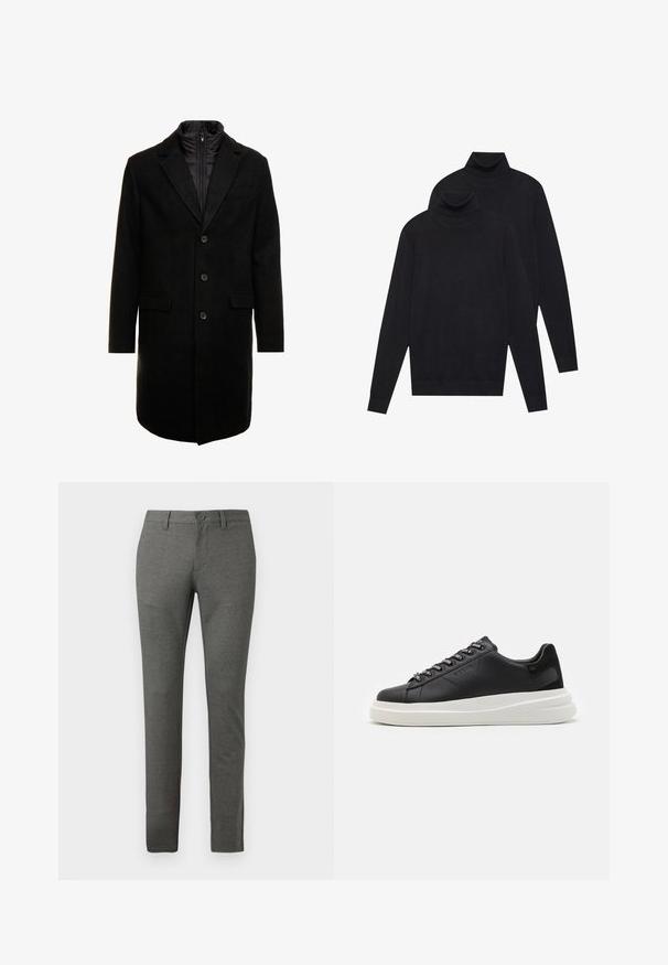 Juodas vilnos mišinio viršutinis paltas su elegantišku dizainu, turintis įsitraukiančią izoliuotą vidinę dalį, tris mygtukus ir dvi priekinės kišenes.; Du mėlynos ilgomis rankovėmis golfo megztiniai, paprasta mezgimo, supilti vienas ant kito, vienas šiek tiek už nugaros, ant baltos fono.; Pilki įliemenuoti kelnių su tekstūruota apdaila, siauras siluetas, priekinės kišenės ir užsegimas su vienu mygtuku ties juosmeniu.; Juodos odinės sportbačiai su balta guma padanga, su plokščiomis raiščiais ir firminiais skylutėmis. Minkšta tekstūra su kontrastingu šonu akcentu.