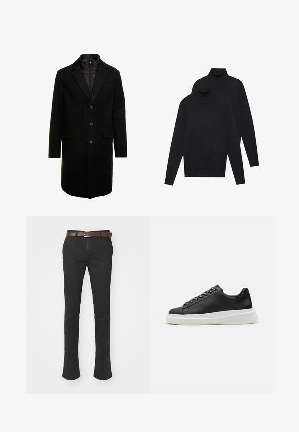 Black wool blend overcoat with a sleek design, featuring a zip-in insulated inner layer, three buttons, and two front pockets.; Two black long-sleeve turtleneck sweaters, plain knit, stacked with one slightly behind the other on a white background.; Black cotton pants with a straight-leg design, featuring a brown leather belt and visible stitching details.; Black leather sneaker with a white rubber sole, featuring flat laces and branded eyelets. Soft texture with a contrasting side accent.