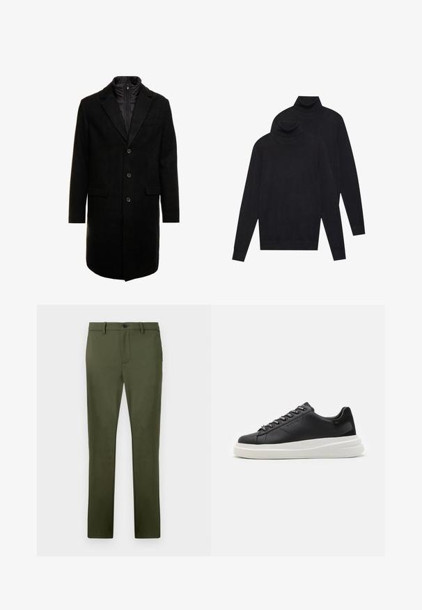 Sort uldblandings frakk med et elegant design, der har et indbygget isoleret inderlag, tre knapper og to forlommer.; To sorte langærmede turtleneck-trøjer, ensfarvede strikkede, stablet med den ene lidt bag den anden på en hvid baggrund.; Olivengrønne bukser lavet af et glat stof, med en lige pasform, frontlommer og en enkelt knaplukning. Minimalistiske designdetaljer.; Sort lædersneaker med en hvid gummisål, der har flade snørebånd og branded øjer. Blød tekstur med en kontrasterende sideaccent.
