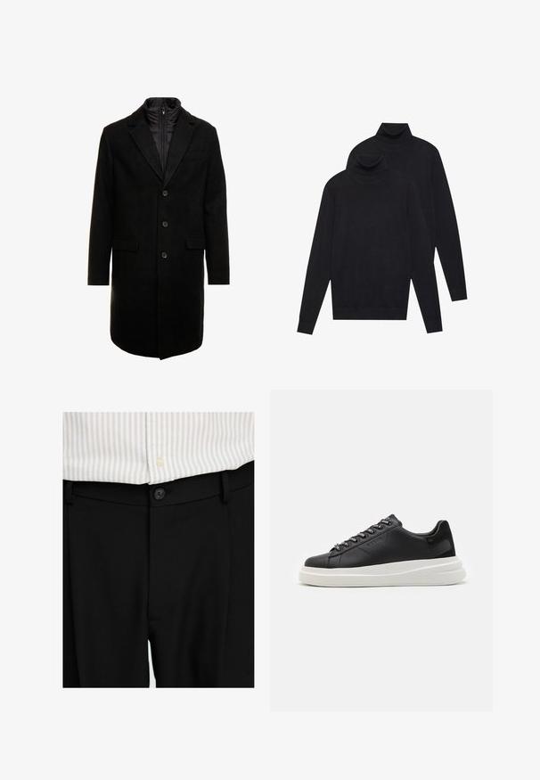 Svart ullblandad ytterrock med en stilren design, med ett zip-in isolerat innerlager, tre knappar och två framfickor.; Två svarta långärmade polotröjor, enfärgat stickade, staplade med en något bakom den andra på en vit bakgrund.; Svarta skräddarsydda byxor med en slät yta, knäppning med knapp och bälteshällor, kombinerat med en randig ljus skjorta.; Svart lädersneaker med en vit gummisula, med platta snören och märkta öglor. Mjuk textur med en kontrasterande sidodetalj.