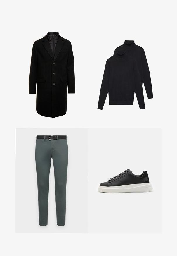 Pardessus preto em mistura de lã com um design elegante, apresentando uma camada interna isolada que pode ser colocada, três botões e dois bolsos frontais.; Dois suéteres de gola alta pretos de manga longa, malha simples, empilhados com um ligeiramente atrás do outro sobre um fundo branco.; Calças de algodão verdes com um corte slim, apresentando um cinto preto e um design padrão de cinco bolsos. Textura suave, detalhes de costura mínimos.; Sapatilha preta em pele com sola de borracha branca, apresentando atacadores planos e ilhós com marca. Textura suave com um detalhe lateral em contraste.