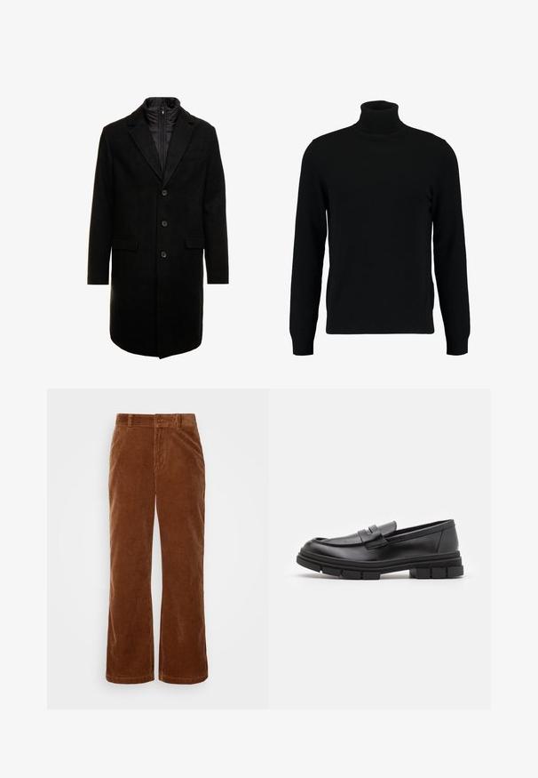Černý vlněný kabát s elegantním designem, který má odnímatelnou izolační vnitřní vrstvu, tři knoflíky a dvě přední kapsy.; Černý rolák vyrobený z měkkého pleteného materiálu. Má dlouhé rukávy, žebrovaný límec a lem. Jednoduchý, elegantní design bez vzorů.; Hnědé kordové kalhoty s širokým střihem, s vertikálně rýhovanou texturou, zapínáním na knoflík a standardními poutky na opasek.; Černé kožené mokasíny s hladkým povrchem, se zapínáním vpředu a masivní gumovou podrážkou se vroubkovanými detaily.