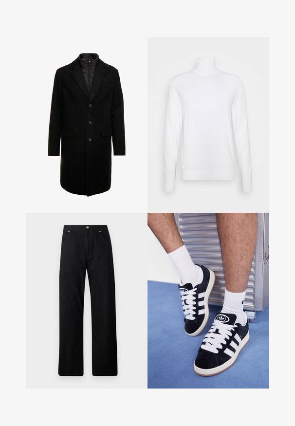 Svart ullblandad ytterrock med en stilren design, med ett zip-in isolerat innerlager, tre knappar och två framfickor.; Vit polotröja med långa ärmar, tillverkad av slät tyg. Har en figurnära design och ribbade ärmslut och nederkant. Ingen mönster eller detaljer.; Svarta byxor med en texturerad ormskinnsstruktur, med rak benlinje, två framfickor och metallknappstängning.; Svarta mockaskor med vita snören och tre vita ränder. Har en rund svart logotyp på tungan och en gumminnedgummisula.