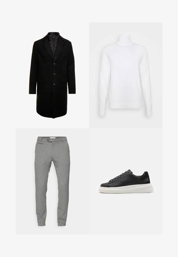 Black wool blend overcoat with a sleek design, featuring a zip-in insulated inner layer, three buttons, and two front pockets.; White turtleneck sweater with long sleeves, made of smooth fabric. Features a fitted design and ribbed cuffs and hem. No patterns or accents.; Gray trousers featuring a textured, woven fabric; slim fit; five-pocket design; button closure; tapered ankles; subtle pattern.; Black leather sneaker with a white rubber sole, featuring flat laces and branded eyelets. Soft texture with a contrasting side accent.