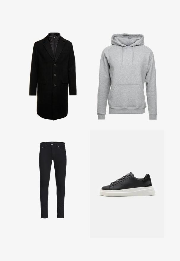 Čierny vlnený mixový kabát s elegantným dizajnom, ktorý má zasúvateľnú izolovanú vnútornú vrstvu, tri gombíky a dve predné vrecká.; Sivá mikina z mäkkého bavlneného materiálu, so prednou kapsou, nastaviteľnými šnúrkami a rebrovanými manžetami a lemom.; Čierne slim-fit džínsy vyrobené z denimu, s klasickým dizajnom piatich vreciek, pútkami na opasok a zipsom so záclonkou.; Čierne kožené tenisky s bielou gumovou podrážkou, s plochými šnúrkami a brandovanými očkami. Mäkká textúra s kontrastným bočným akcentom.