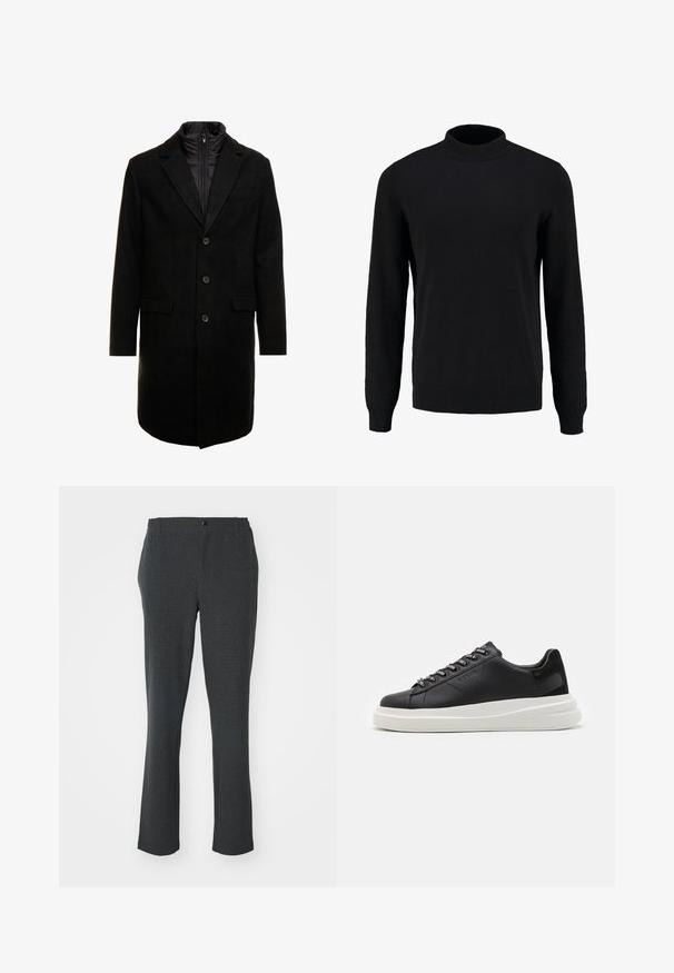 Svart ullblandingsfrakk med et elegant design, som har et avtagbart isolert innerlag, tre knapper og to frontlommer.; Svart strikket genser med høy krage, lange ermer og ribbestrikkede mansjetter og kant, med en glatt tekstur og klassisk silhuett.; Mørkegrå bukser laget av teksturert stoff; rett ben-design med knapp foran og diskrete sidelommer.; Svart lær sneakers med hvit gummisåle, med flate lisser og merkede lissehull. Myk tekstur med en kontrasterende sideaccent.