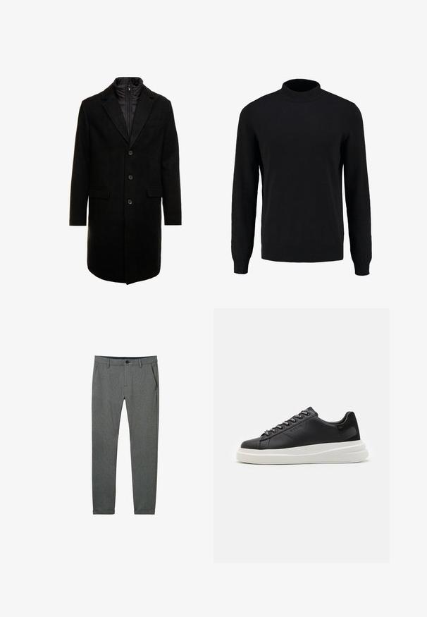 Mustan villasekoitteinen päällystakki, jossa on tyylikäs muotoilu, vuorattu irrotettavalla lämpökerroksella, kolme nappia ja kaksi etulokeroa.; Musta neulepaita, jossa on korkea kaulus, pitkät hihat sekä ribbireunat hihansuissa ja helmassa. Paita on sileäpintaista ja klassista siluettia.; Harmaat housut, jotka on valmistettu tekstuurista kankaasta, slim fit -mallilla, sivutaskuilla, vyölenkeillä ja yhdessä napilla suljettavalla vyötäröllä.; Musta nahkakengät valkoisella kumipohjalla, joissa on tasaiset nauhat ja brändätyt rei'itykset. Pehmeä pinta, jossa on erottuva sivusärmä.