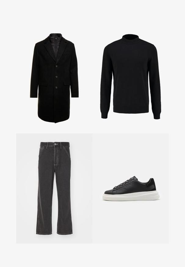 Juodas vilnos mišinio viršutinis paltas su elegantišku dizainu, turintis įsitraukiančią izoliuotą vidinę dalį, tris mygtukus ir dvi priekinės kišenes.; Juodas megztinis su aukštu apykakle, ilgomis rankovėmis ir raukšlėmis rankogaliuose bei gala, pasižymintis lygiu paviršiumi ir klasikinio silueto.; Juodi džinsai su platėjančiomis klešnėmis, aukštu liemeniu, kontrastinėmis siūlėmis, priekinėmis kišenėmis ir sagčio uždarymu. Medžiaga atrodo tvirta ir turi lygią tekstūrą.; Juodos odinės sportbačiai su balta guma padanga, su plokščiomis raiščiais ir firminiais skylutėmis. Minkšta tekstūra su kontrastingu šonu akcentu.