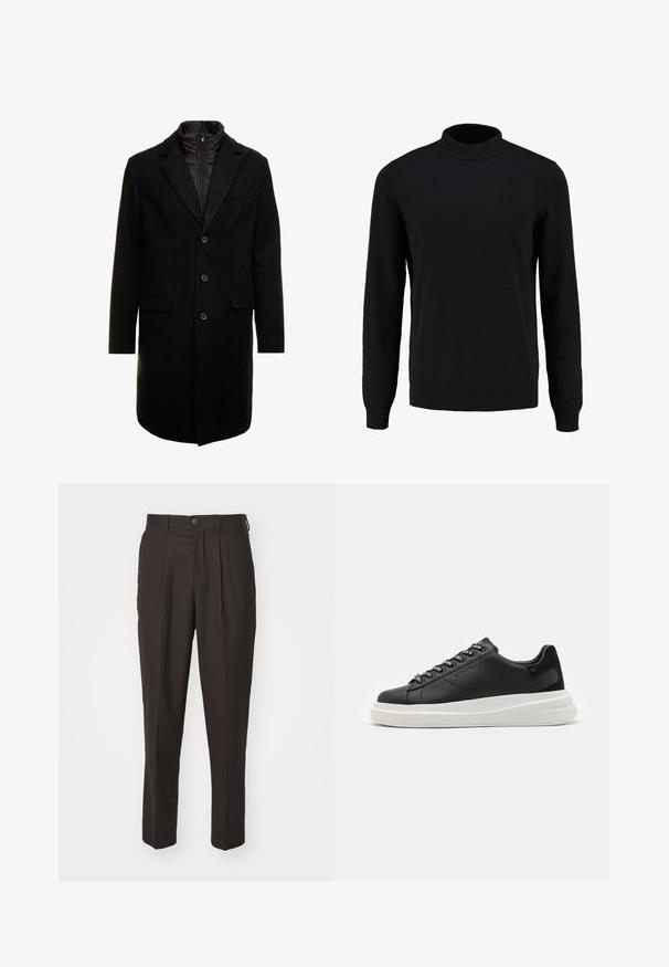 Melna vilnas maisījuma virsjakas ar elegantu dizainu, kurā ir iešūta izolēta iekšējā kārta, trīs pogas un divas priekšējās kabatas.; Melnā adīta džemperis ar augstu apkakli, garām piedurknēm un ribotiem aprocēm un apakšmalu, ar gludu tekstūru un klasisku siluetu.; Brūni, pielāgoti bikses ar plakanu priekšpusi, krokiem un pogu aizdari. Izgatavotas no gludas auduma, ar taisnu kāju dizainu un bez redzamām rakstu motīviem.; Melnas ādas sporta kurpes ar baltu gumijas zoli, kurām ir plakanas saites un zīmola acs. Mīksta tekstūra ar kontrastējošu sānu akcentu.