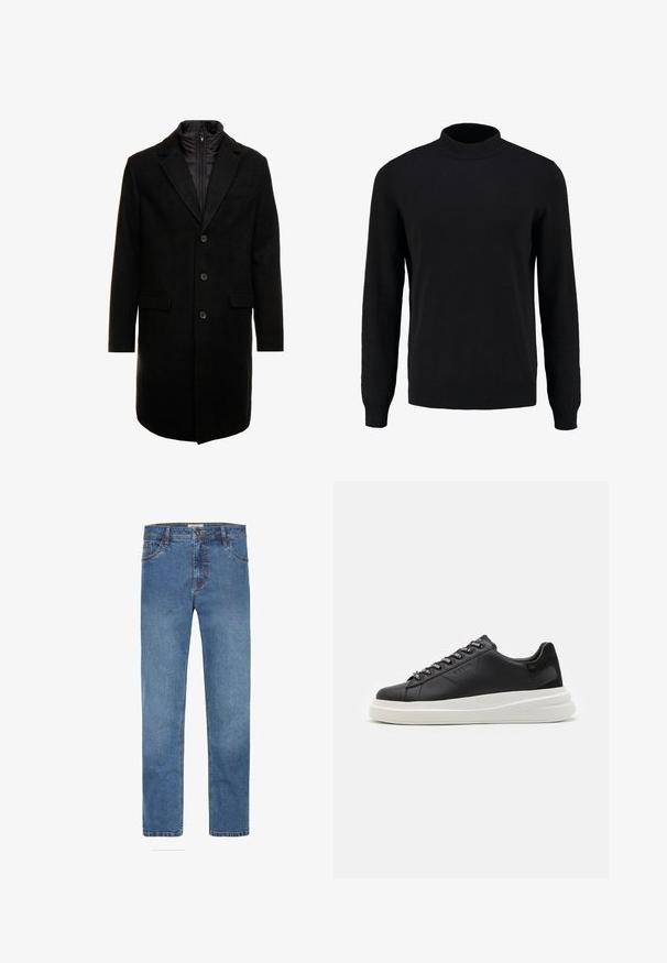 Palton dintr-un amestec de lână negru, cu un design elegant, având un strat interior izolat care se poate atașa cu fermoar, trei butoane și două buzunare frontale.; Pulover negru tricotat cu guler înalt, mâneci lungi și manșete și tiv cu nervuri, având o textură netedă și o siluetă clasică.; Jeans din denim albastru cu o croială dreptă, având cinci buzunare, închidere cu nasture și cusături contrastante. Textură netedă cu o spălare medie.; Sneaker din piele neagră cu o talpă din cauciuc alb, cu șireturi plate și eyelets marcate. Textură moale cu un accent lateral contrastant.