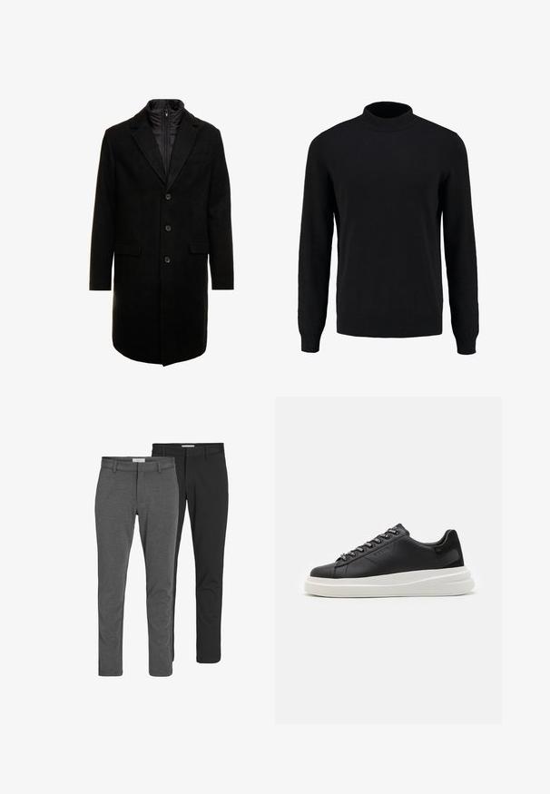 Manteau en mélange de laine noir au design élégant, doté d'une couche intérieure isolée zippée, de trois boutons et de deux poches avant.; Pull en maille noir avec un col montant, des manches longues, et des poignets et un ourlet côtelés, présentant une texture lisse et une silhouette classique.; Deux paires de pantalons classiques : une en mélange de coton gris, l'autre en mélange de coton noir. Les deux présentent un design ajusté avec passants de ceinture et une finition lisse.; Baskets en cuir noir avec une semelle en caoutchouc blanc, dotées de lacets plats et d'œillets marqués. Texture douce avec un accent contrastant sur le côté.