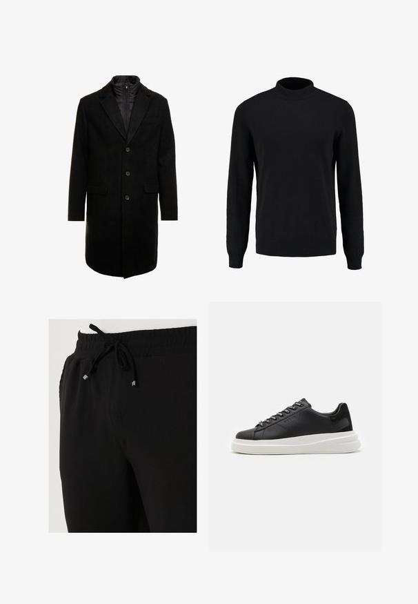 Zwarte wolblend overjas met een slank ontwerp, voorzien van een uitneembare geïsoleerde binnenlaag, drie knopen en twee voorzakken.; Zwarte gebreide trui met een hoge kraag, lange mouwen en geribde manchetten en zoom, met een gladde textuur en een klassieke silhoeet.; Buratti Trainingsbroek - black; Zwarte leren sneakers met een witte rubberen zool, voorzien van platte veters en gemerkte oogjes. Zachte textuur met een contrasterende zijaccent.