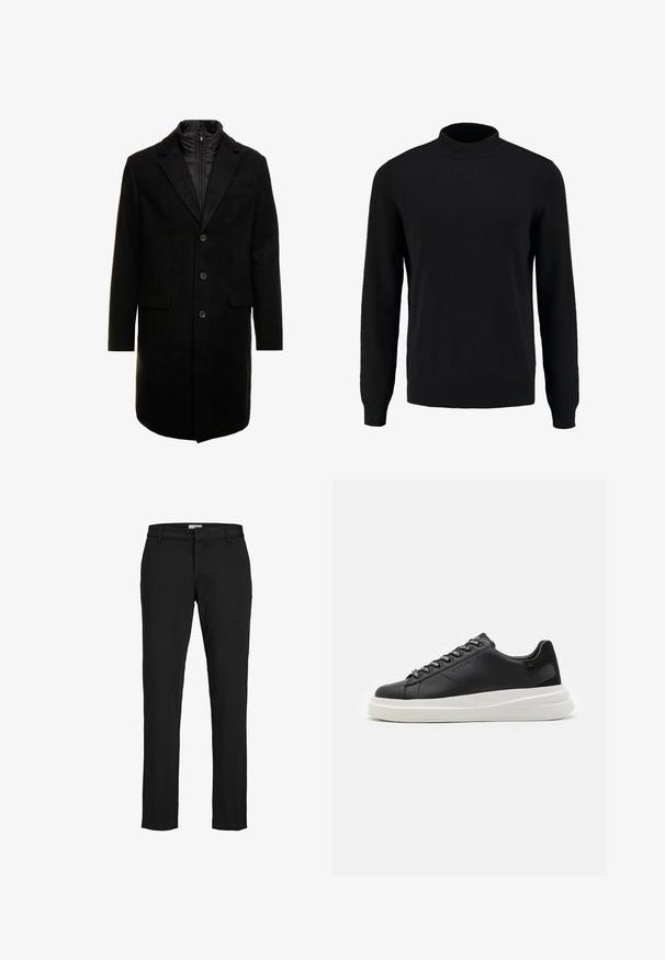 Manteau en mélange de laine noir au design élégant, doté d'une couche intérieure isolée zippée, de trois boutons et de deux poches avant.; Pull en maille noir avec un col montant, des manches longues, et des poignets et un ourlet côtelés, présentant une texture lisse et une silhouette classique.; Pantalon noir en tissu lisse, avec une coupe droite, des poches latérales, des passants de ceinture et un ourlet soigné. Aucune motif ou accent visible.; Baskets en cuir noir avec une semelle en caoutchouc blanc, dotées de lacets plats et d'œillets marqués. Texture douce avec un accent contrastant sur le côté.