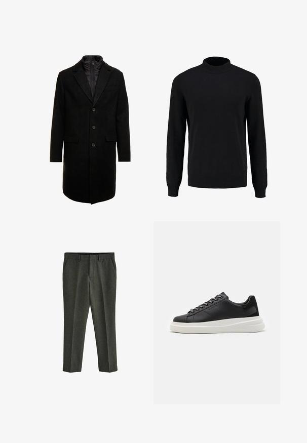Palton dintr-un amestec de lână negru, cu un design elegant, având un strat interior izolat care se poate atașa cu fermoar, trei butoane și două buzunare frontale.; Pulover negru tricotat cu guler înalt, mâneci lungi și manșete și tiv cu nervuri, având o textură netedă și o siluetă clasică.; Next REGULAR FIT DONEGAL - Pantaloni chino - green; Sneaker din piele neagră cu o talpă din cauciuc alb, cu șireturi plate și eyelets marcate. Textură moale cu un accent lateral contrastant.