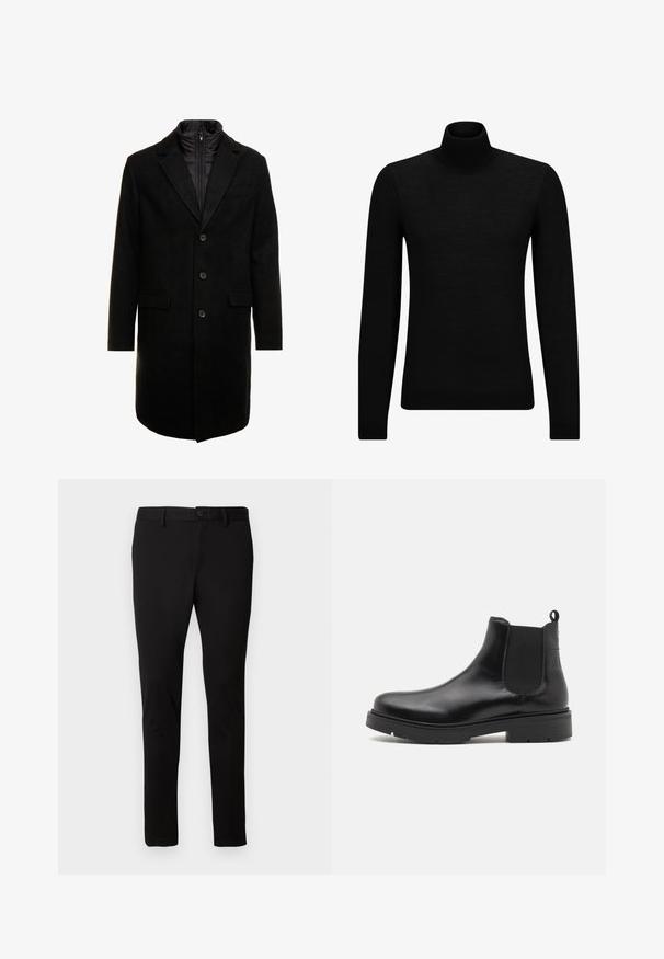 Pardessus preto em mistura de lã com um design elegante, apresentando uma camada interna isolada que pode ser colocada, três botões e dois bolsos frontais.; Pulôver de gola alta preto, feito de material suave, com mangas longas e ajuste justo. Acabamento canelado na barra e punhos. Design simples.; Calças pretas de corte ajustado com passantes para cinto, fecho frontal com botão e zipper, apresentadas sobre um fundo claro e simples.; Marc O'Polo LORENZO - Botas clássicas de cano curto - black