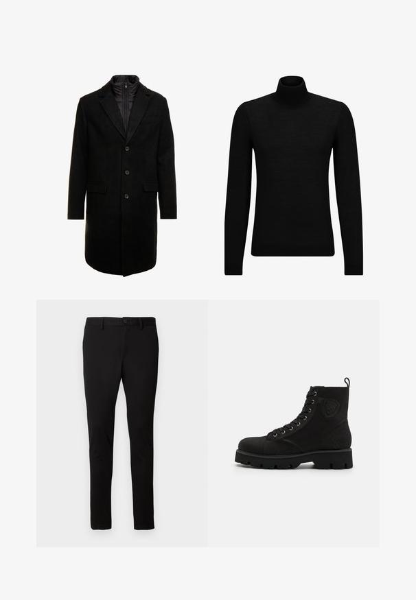 Mustan villasekoitteinen päällystakki, jossa on tyylikäs muotoilu, vuorattu irrotettavalla lämpökerroksella, kolme nappia ja kaksi etulokeroa.; Mustahuivi neule, joka on valmistettu pehmeästä materiaalista, jossa on pitkät hihat ja tiukka istuvuus. Ribbaus reunassa ja hihansuissa. Yksinkertainen muotoilu.; Musta slim-fit-housut, joissa on vyölenkit, etupainike ja vetskari, esillä vaalealla yksinkertaisella taustalla.; Musta mokkanahkasaapikas, jossa on pyöreä kärki, nauhakiinnitys edessä, paksu pohja ja teksturoitu koristelu; takana on vetoketju.