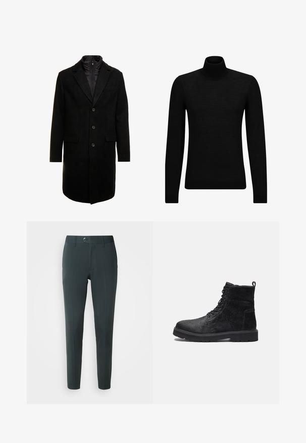 Črn volnen mešani plašč s sleek oblikovanjem, ki vključuje notranjo plast z izolacijo, tri gumbe in dva sprednja žepa.; Črna turtleneck pulover iz mehkega materiala, z dolgimi rokavi in tesnim prileganjem. R ibana obroba na robu in rokavih. Preprosta zasnova.; Temno zeleni hlače z prilagojenim krojem, s ravnim sprednjim delom, zankami za pas in z enim gumbom za zapiranje. Gladka tekstura, brez vzorcev.; Črne gležnjarje z teksturiranim zgornjim delom, ki imajo vezalni sprednji del, trden gumijast podplat in zanka na zadnji strani za lažje obuvanje.