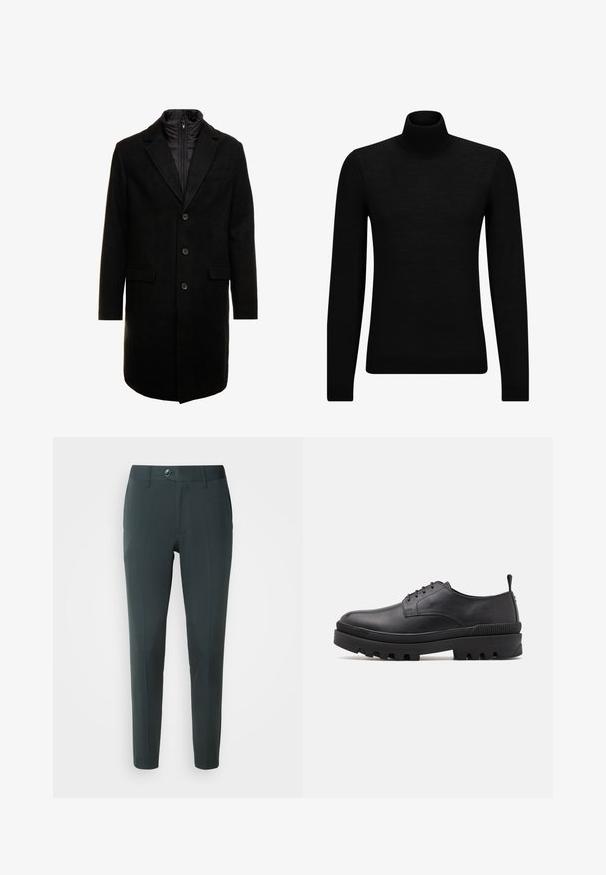 Manteau en mélange de laine noir au design élégant, doté d'une couche intérieure isolée zippée, de trois boutons et de deux poches avant.; Pull à col roulé noir en matériau doux, avec des manches longues et une coupe ajustée. Finition côtelée au bas et aux poignets. Design simple.; Pantalon vert foncé à coupe ajustée, avec un devant plat, des passants de ceinture et une fermeture à un bouton. Texture lisse, sans motifs.; Chaussure en cuir noir avec un bout arrondi, un laçage et une semelle en caoutchouc épaisse. Possède une languette au talon et des accents texturés.