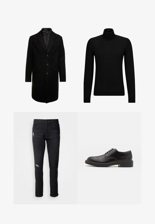 Abrigo de lana negro con un diseño elegante, que cuenta con una capa interna aislante desmontable, tres botones y dos bolsillos frontales.; Jersey de cuello alto negro hecho de un material suave, con mangas largas y un ajuste ceñido. Ribete acanalado en el dobladillo y los puños. Diseño simple.; Vaqueros de mezclilla negros con un ajuste Slim, que cuentan con dos bolsillos frontales, un bolsillo trasero y detalles desgastados en las rodillas.; Zapato negro de cuero con cordones, punta redondeada, textura suave, costuras mínimas y tacón bajo de goma. Logo en el tacón.