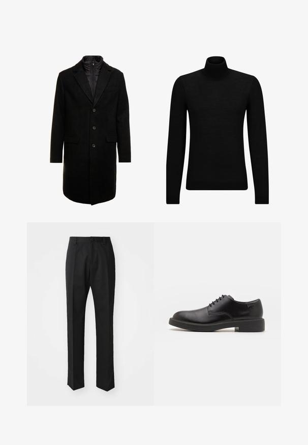 Juodas vilnos mišinio viršutinis paltas su elegantišku dizainu, turintis įsitraukiančią izoliuotą vidinę dalį, tris mygtukus ir dvi priekinės kišenes.; Juodas aukšto kaklo megztinis, pagamintas iš minkštos medžiagos, su ilgomis rankovėmis ir prigludusia forma. Su raukiniais apačioje ir rankogaliuose. Paprastas dizainas.; Juodi kelniai, pagaminti iš lygaus audinio, su tiesiomis kojomis, priekyje užsegami mygtuku ir klasikiniu, tvarkingu siluetu.; Juodas odinis batų modelis su raišteliais, apvaliu nosiu, lygiu paviršiumi, minimaliai siuvinėjimu ir žemu guminėmis pakulne. Ant pakulnės šalia logo.