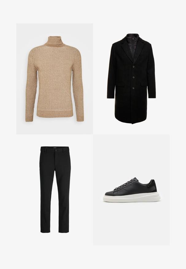 Sort uldblandings frakk med et elegant design, der har et indbygget isoleret inderlag, tre knapper og to forlommer.; Beige ribbet turtleneck sweater med lange ærmer, tekstureret stof, tætsiddende design og en let løs krave. Enkel og neutral farve.; Sorte bukser lavet af glat stof, med et klassisk design, lige snit, frontknaplukning og sidelommer.; Sort lædersneaker med en hvid gummisål, der har flade snørebånd og branded øjer. Blød tekstur med en kontrasterende sideaccent.