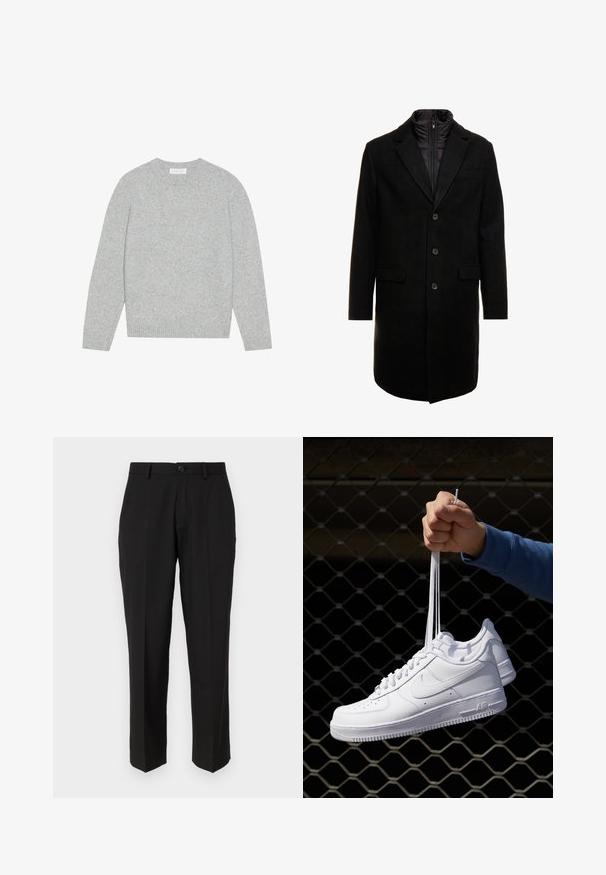 Must värviline villasegu mantlit, millel on sujuv disain, varustatud lülitatava isoleeritud sisemise kihiga, kolme nupukese ja kahe eesmine taskuga.; Heled hall villane särk ümmarguse kaelusega, pikkade varrukatega ning ribatud varruka- ja alläärtega. Pehme tekstuur, vaskne ja minimalistlik disain.; Mustad püksid siledast kangast, sirge jala disainiga, ees olevate taskutega, ühe nööbi kinnitusega ja ilma nähtavate mustriteta.; Valged nahast tennisetossud, millel on perforatsioonid, ümar nina, lame tallus ja paksud nöörid, nähtava swooshi logoga ja "AIR" kontsadel.