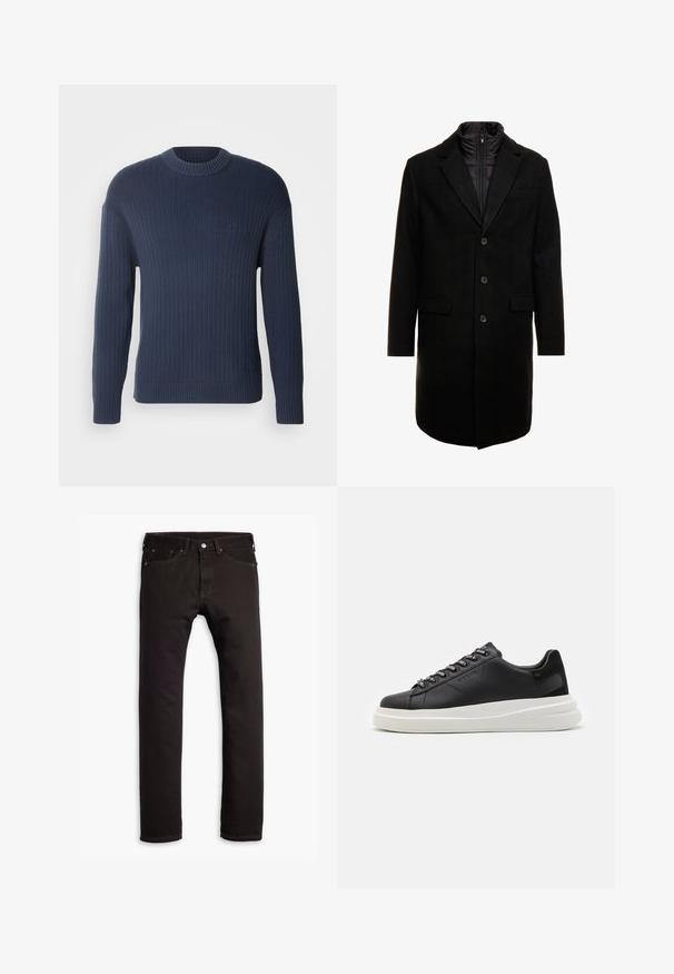 Zwarte wolblend overjas met een slank ontwerp, voorzien van een uitneembare geïsoleerde binnenlaag, drie knopen en twee voorzakken.; Navyblauwe ribgebreide trui met lange mouwen, ronde halslijn en een effen textuur. Bevat een klein logo op de borst.; Zwarte slim-fit jeans met vijf zakken en knoopsluiting, plat weergegeven op een witte achtergrond.; Zwarte leren sneakers met een witte rubberen zool, voorzien van platte veters en gemerkte oogjes. Zachte textuur met een contrasterende zijaccent.
