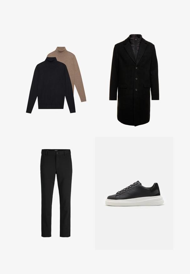 Abrigo de lana negro con un diseño elegante, que cuenta con una capa interna aislante desmontable, tres botones y dos bolsillos frontales.; Dos suéteres de cuello alto de manga larga, uno en negro y otro en marrón claro, hechos de un suave tejido de punto con un diseño ajustado y puños acanalados.; Pantalones negros hechos de una tela elegante, con un diseño clásico, corte recto, cierre frontal con botón y bolsillos laterales.; Zapatilla de cuero negra con suela de goma blanca, con cordones planos y ojales de marca. Textura suave con un acento lateral contrastante.