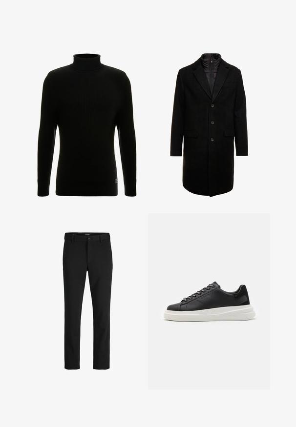 Sort uldblandings frakk med et elegant design, der har et indbygget isoleret inderlag, tre knapper og to forlommer.; Sort turtleneck sweater med lange ærmer, ribbet tekstur, tætsiddende silhuet og lille mærke nederst til venstre.; Sorte bukser lavet af glat stof, med et klassisk design, lige snit, frontknaplukning og sidelommer.; Sort lædersneaker med en hvid gummisål, der har flade snørebånd og branded øjer. Blød tekstur med en kontrasterende sideaccent.