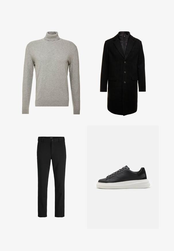 Schwarzer Wollmischung-Übermantel mit sleekem Design, ausgestattet mit einer herausnehmbaren isolierten Innenschicht, drei Knöpfen und zwei Fronttaschen.; Grauer Pullover mit hohem Kragen und langen Ärmeln. Hergestellt aus einem glatten, weichen Material mit taillierter Passform und gerippten Akzenten am Saum.; Schwarze Hosen aus glattem Stoff, mit klassischem Design, geradem Schnitt, vorderer Knopfverschluss und seitlichen Taschen.; Schwarze Ledersneaker mit einer weißen Gummisohle, ausgestattet mit flachen Schnürsenkeln und markierten Ösen. Weiche Textur mit einem kontrastierenden Seitenakzent.