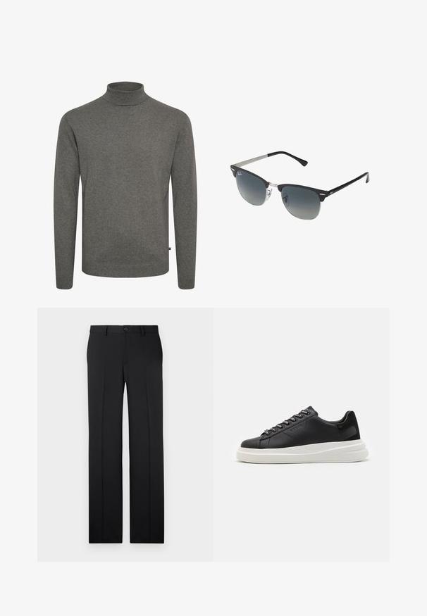 Svart ullblandad ytterrock med en stilren design, med ett zip-in isolerat innerlager, tre knappar och två framfickor.; Grå polotröja tillverkad av mjukt stickat material. Har en kroppsnära krage och långärmade ärmar med ribbade muddar och fåll.; Paket med tre t-shirtar: en svart och två vita. Var och en har rund halsringning, korta ärmar och är tillverkad av mjuk bomullstyg.; Svarta skräddarsydda byxor med rak benklippning, slät tyg, framfåror och en enkel knappstängning i midjan.; Svart lädersneaker med en vit gummisula, med platta snören och märkta öglor. Mjuk textur med en kontrasterande sidodetalj.; Svarta och silverfärgade solglasögon med kattögaform, gradientlinser och metalliska detaljer på ramen. Plastbågar med gråa tippar.