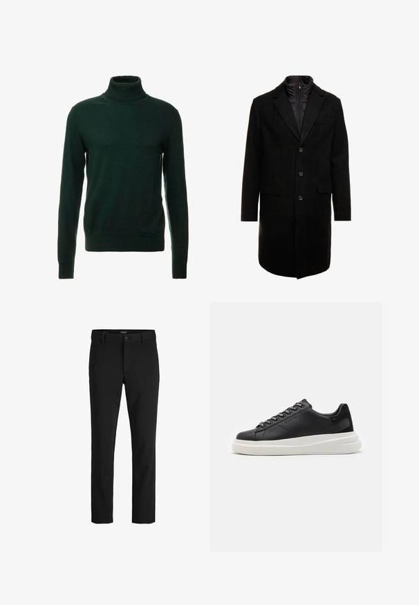 Melna vilnas maisījuma virsjakas ar elegantu dizainu, kurā ir iešūta izolēta iekšējā kārta, trīs pogas un divas priekšējās kabatas.; Tumši zaļš adīts džemperis ar augstu kaklu, izgatavots no gludas dzijas. Tam ir garas piedurknes un cieši pieguļošs kakls. Klasisks dizains, bez rakstiem.; Melnas bikses no gludas auduma, ar klasisku dizainu, taisnu griezumu, priekšējo pogu aizdari un sānu kabatām.; Melnas ādas sporta kurpes ar baltu gumijas zoli, kurām ir plakanas saites un zīmola acs. Mīksta tekstūra ar kontrastējošu sānu akcentu.