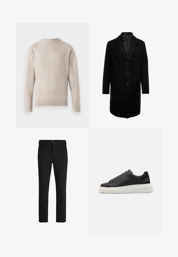 Cappotto lungo in misto lana nero dal design elegante, con uno strato interno isolato rimovibile, tre bottoni e due tasche frontali.; Maglione lavorato a maglia beige con scollatura rotonda, polsini e orlo a costine, e una texture morbida. Presenta una vestibilità rilassata e maniche lunghe.; Pantaloni neri realizzati in un tessuto elegante, con un design classico, taglio dritto, chiusura frontale con bottone e tasche laterali.; Sneaker in pelle nera con suola in gomma bianca, dotato di lacci piatti e occhielli brandizzati. Texture morbida con un accento laterale a contrasto.