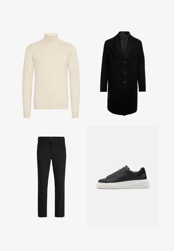 Black wool blend overcoat with a sleek design, featuring a zip-in insulated inner layer, three buttons, and two front pockets.; Beige turtleneck sweater made of soft knit fabric. Features long sleeves and a fitted design, with ribbed neckline and cuffs.; Black trousers made of sleek fabric, featuring a classic design, straight cut, front button closure, and side pockets.; Black leather sneaker with a white rubber sole, featuring flat laces and branded eyelets. Soft texture with a contrasting side accent.