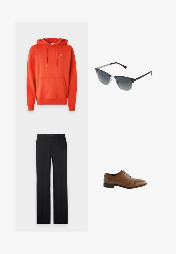 Palton dintr-un amestec de lână negru, cu un design elegant, având un strat interior izolat care se poate atașa cu fermoar, trei butoane și două buzunare frontale.; Hanorac roșu din bumbac, cu buzunar frontal, glugă cu șnur și logo mic brodat pe piept. Textură moale și manșete striate.; Pachet de trei tricouri: unul negru și două albe. Fiecare are guler rotund, mâneci scurte și este confectionat dintr-un material de bumbac neted.; Pantaloni negri, croiți pe măsură, cu tăietură dreaptă, țesătură fină, pliuri în față și închidere cu un buton la talie.; Pantofii din piele maro, cu detalii complicate de broguing, vârf rotund și toc plat. Au cinci gauri pentru șireturi și o textură netedă.; Ochelari de soare negri și argintii cu o formă cat-eye, lentile cu gradient și accente metalice pe ramă. Brațe din plastic cu vârfuri gri.