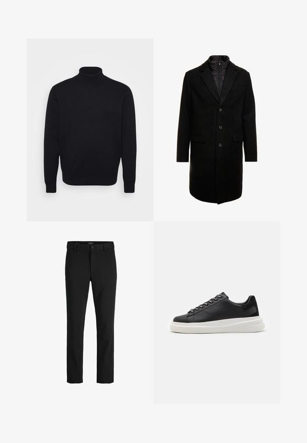 Sort uldblandings frakk med et elegant design, der har et indbygget isoleret inderlag, tre knapper og to forlommer.; Sort turtleneck trøje lavet af et glat strikmateriale, med lange ærmer og en tætsiddende pasform med høj krave.; Sorte bukser lavet af glat stof, med et klassisk design, lige snit, frontknaplukning og sidelommer.; Sort lædersneaker med en hvid gummisål, der har flade snørebånd og branded øjer. Blød tekstur med en kontrasterende sideaccent.