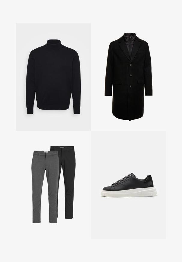 Zwarte wolblend overjas met een slank ontwerp, voorzien van een uitneembare geïsoleerde binnenlaag, drie knopen en twee voorzakken.; Zwarte coltrui gemaakt van een glad gebreid materiaal, met lange mouwen en een aansluitende pasvorm met een hoge kraag.; Twee paren klassieke broeken: een grijze katoenmix en een zwarte katoenmix. Beide hebben een getailleerd ontwerp met riemlussen en een gladde afwerking.; Zwarte leren sneakers met een witte rubberen zool, voorzien van platte veters en gemerkte oogjes. Zachte textuur met een contrasterende zijaccent.