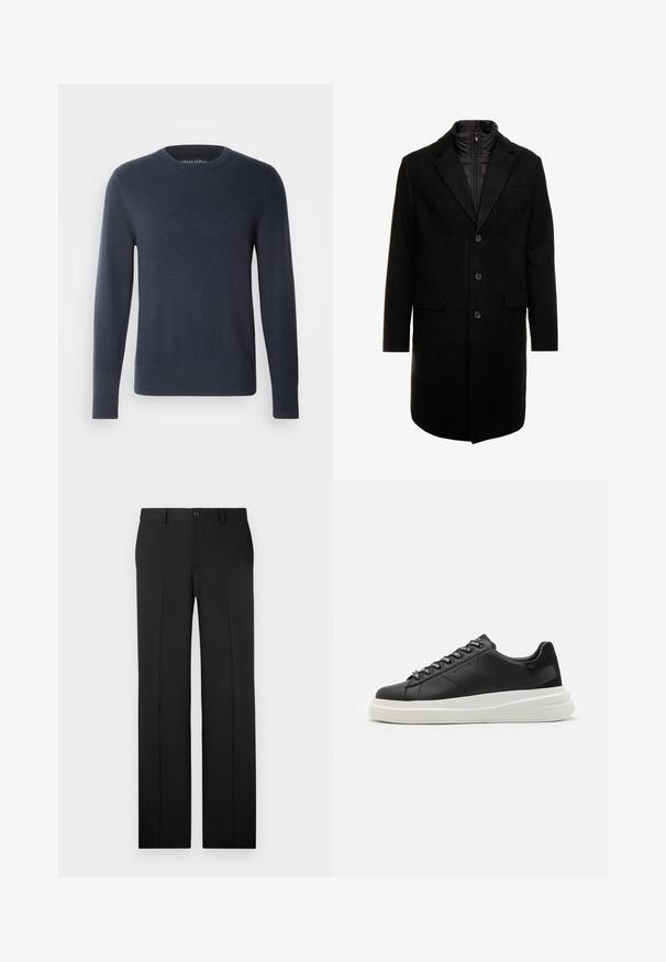 Schwarzer Wollmischung-Übermantel mit sleekem Design, ausgestattet mit einer herausnehmbaren isolierten Innenschicht, drei Knöpfen und zwei Fronttaschen.; Dunkelblauer Pullover aus weichem Strickmaterial. Rundhalsausschnitt, lange Ärmel, gerippte Bündchen und Saum, geprägtes Logo auf der Brust.; Drei-T-Shirt-Pack: eines in Schwarz und zwei in Weiß. Jedes T-Shirt hat einen Rundhalsausschnitt, kurze Ärmel und besteht aus glattem Baumwollstoff.; Schwarze, maßgeschneiderte Hose mit geradem Bein, glattem Stoff, vorderen Falten und einem einzelnen Knopfverschluss an der Taille.; Schwarze Ledersneaker mit einer weißen Gummisohle, ausgestattet mit flachen Schnürsenkeln und markierten Ösen. Weiche Textur mit einem kontrastierenden Seitenakzent.