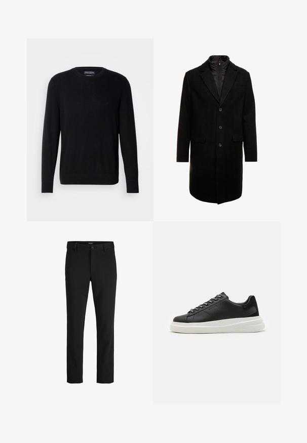 Svart ullblandad ytterrock med en stilren design, med ett zip-in isolerat innerlager, tre knappar och två framfickor.; Svart stickad tröja med rund halsringning, långa ärmar och ribbade muddar. Har en diskret logga på bröstet. Mjuk tygtextur.; Svarta byxor av slät tyg, med en klassisk design, rak skärning, framknäppning och sidofickor.; Svart lädersneaker med en vit gummisula, med platta snören och märkta öglor. Mjuk textur med en kontrasterande sidodetalj.