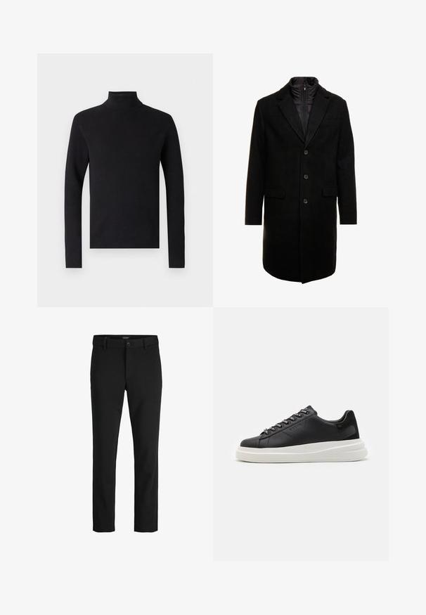 Schwarzer Wollmischung-Übermantel mit sleekem Design, ausgestattet mit einer herausnehmbaren isolierten Innenschicht, drei Knöpfen und zwei Fronttaschen.; Schwarzer Rollkragenpullover mit geripptem Textil, langen Ärmeln und taillierter Silhouette. Einfaches Design ohne sichtbare Muster oder Akzente.; Schwarze Hosen aus glattem Stoff, mit klassischem Design, geradem Schnitt, vorderer Knopfverschluss und seitlichen Taschen.; Schwarze Ledersneaker mit einer weißen Gummisohle, ausgestattet mit flachen Schnürsenkeln und markierten Ösen. Weiche Textur mit einem kontrastierenden Seitenakzent.