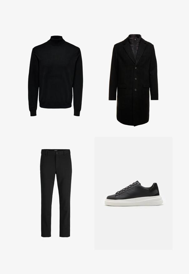 Fekete gyapjú keverékből készült overál, letisztult dizájnnal, cipzárral ellátott szigetelt belső réteggel, három gombbal és két elülső zsebből.; Fekete garbó pulóver, puha anyagból készült, hosszú ujjakkal, bordázott mandzsettákkal és alsó szegéllyel, testhezálló nyak kialakítással és sima textúrával.; Fekete nadrág sima anyagból, klasszikus dizájnnal, egyenes szabással, elülső gombos záródással és oldalsó zsebekkel.; Fekete bőr sportcipő fehér gumitalppal, lapos fűzőkkel és márkázott fűzőlyukakkal. Puha tapintású, kontrasztos oldali akcentussal.