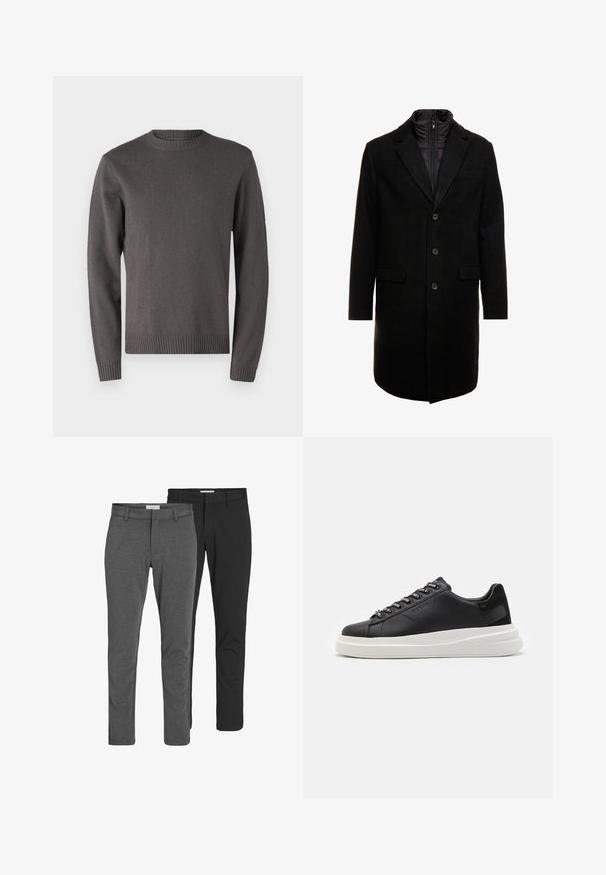 Cappotto lungo in misto lana nero dal design elegante, con uno strato interno isolato rimovibile, tre bottoni e due tasche frontali.; Samsøe Samsøe SYLLI CREW NECK - Maglione - volcanic ash; Due coppie di pantaloni classici: una in misto cotone grigio e l'altra in misto cotone nero. Entrambi presentano un design su misura con passanti per cintura e una finitura liscia.; Sneaker in pelle nera con suola in gomma bianca, dotato di lacci piatti e occhielli brandizzati. Texture morbida con un accento laterale a contrasto.